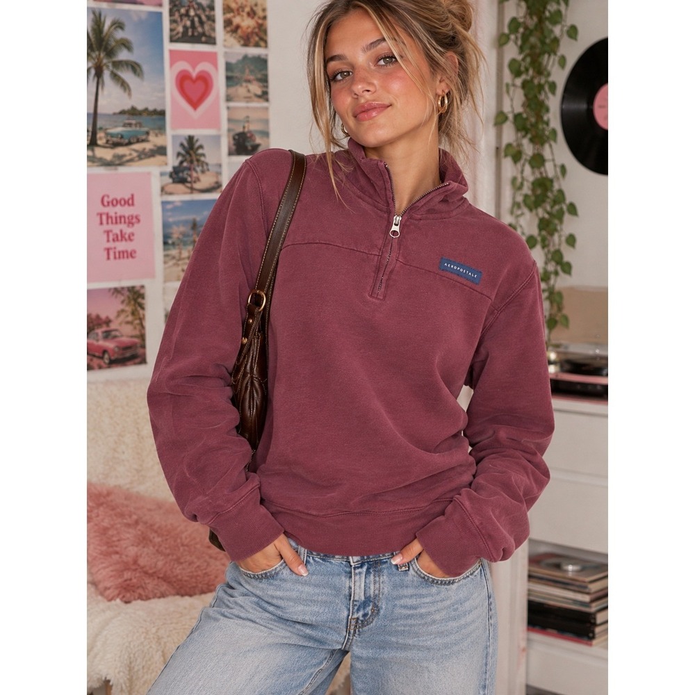 Aeropostale Women's Petite S Burgundy Quarter Zip Pullover Sweater Vintage Y2K